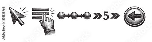 Hand and cursor interact with a menu, leading through a numbered sequence of steps indicated by circles and arrows, concluding with a back arrow icon.