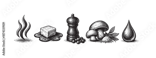 A collection of vintage line art illustrations depicts essential cooking ingredients including steam, butter, peppercorns, mushrooms, and oil, perfect for food blogs or culinary design.