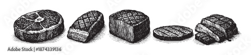 A vintage-style illustration depicts a selection of grilled steaks in various cuts and shapes, presented against a clean white background.