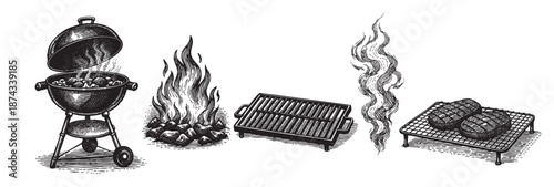 A retro, black and white illustration depicts elements of a barbecue, including a grill with food, campfire flames, a grill grate, and cooked burgers on a rack.