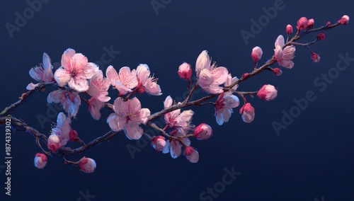 Digitally rendered branch, featuring blossoms and buds against a dark blue gradient background