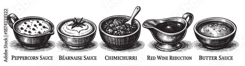 A detailed, black and white illustration presents five distinct sauces in vintage bowls and gravy boats, offering a classic and elegant culinary visual.