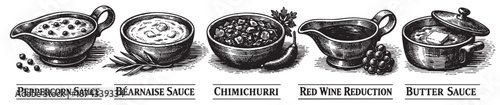 A black and white illustration of five distinct gourmet sauces presented in vintage-style serving dishes, including peppercorn, bÃ©arnaise, chimichurri, red wine reduction, and butter.