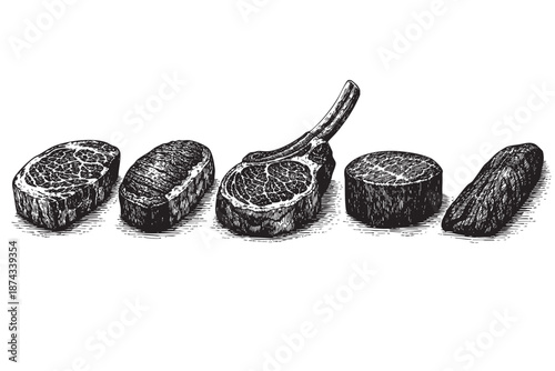 A scratchboard illustration of five different cuts of raw beef arranged in a line on a plain white background, perfect for culinary or butcher shop themes.