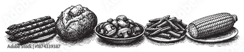 A black and white line drawing depicts a rustic assortment of vintage food items including asparagus, a crusty loaf of bread, mushrooms in a bowl, green beans, and a cob of corn, arranged on plates.