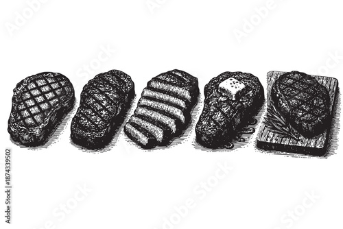 A detailed black and white engraving illustration showcasing five distinct grilled steaks, with one topped with butter and herbs, arranged in a row against a white background.