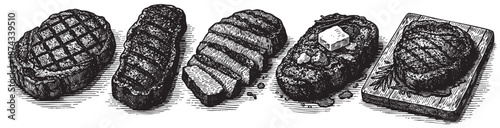 A vintage black and white illustration depicts a row of five grilled steaks, some topped with butter and herbs, on a wooden board, evoking a classic culinary feel.