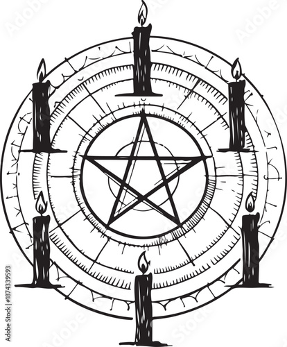 Witchcraft symbol with candles and runes circle