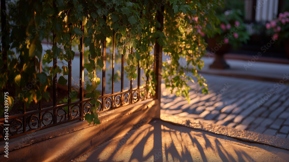 Fototapeta premium Ivy curling around a vintage wrought-iron fence at sunset, casting intricate shadows across cobblestone pavement — timeless outdoor elegance, botanical patterns, and cinematic golden-hour street