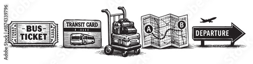 A vintage-style illustration depicts various travel essentials including tickets, a transit card, luggage, a map, and a departure sign, symbolizing the journey.