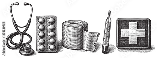 A vintage engraving style illustration depicts a collection of medical tools including a stethoscope, pill packet, bandage, thermometer, and first aid kit on a white background.