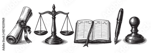 A collection of vintage legal and professional symbols including a scroll, scales of justice, an open ledger, a fountain pen, and a stamp in a black and white woodcut style.