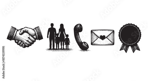A collection of hand-drawn vintage style icons representing business, family, communication, and achievement, perfect for illustrating concepts of service and success.