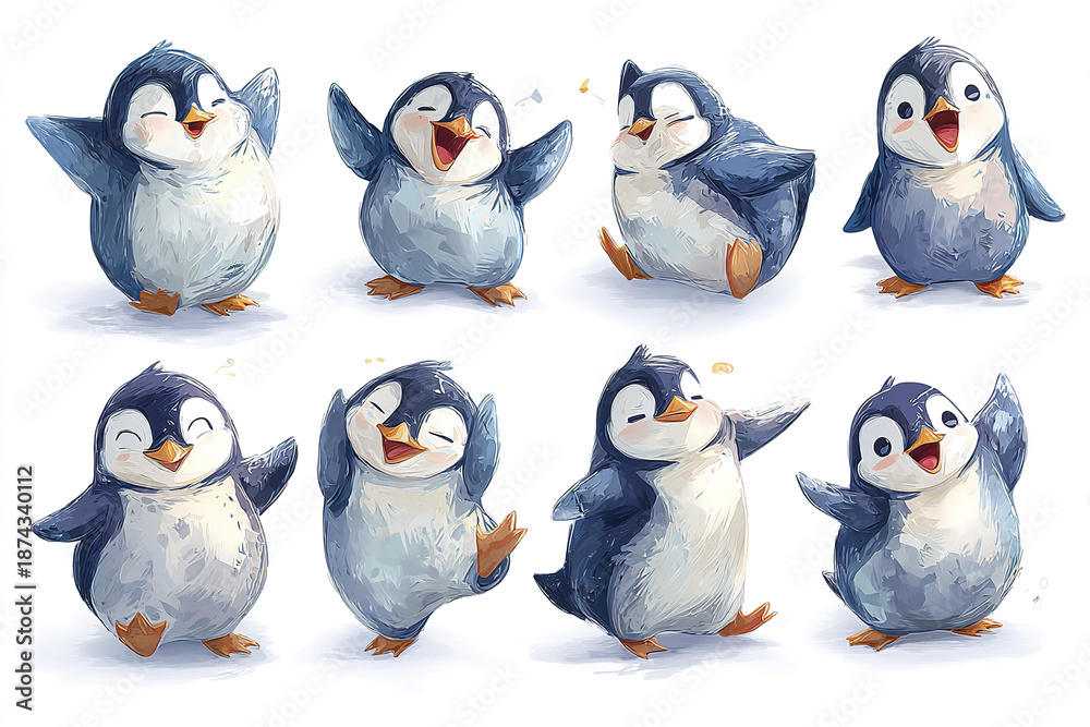 Fototapeta premium Cute penguin character bundle showing friendly and cheerful poses with joyful expressions, perfect for playful and happy themed designs or illustrations