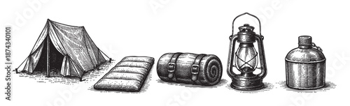 Retro black and white illustration of camping equipment including a tent, sleeping bag, rolled mat, lantern, and canteen on a plain white background.