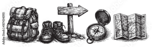 Vintage black and white illustration featuring hiking essentials including a backpack, boots, compass, map, and wooden signpost, perfect for adventure and travel themes.