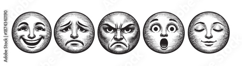 A collection of five stylized faces, rendered in a vintage engraving style, displaying a range of emotions from joy and sadness to anger, surprise, and serenity.