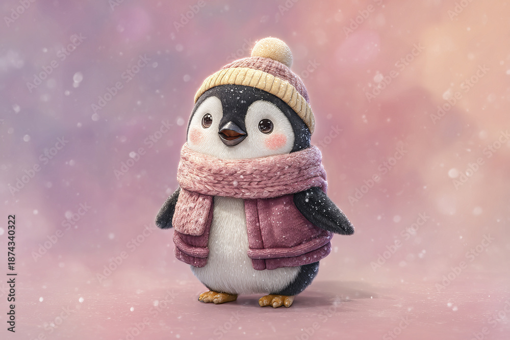 Obraz premium Cute penguin winter outfit pink scarf hat soft fur snowflakes adorable expression happy animal illustration