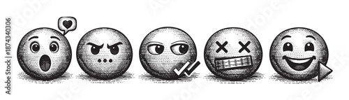 A monochromatic, woodcut-style illustration features five distinct emoticon faces arranged in a row, each conveying a unique emotion from surprise and anger to death and happiness.