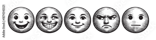 A row of five illustrated eggs with cartoon faces displays various emotions from joy to anger, rendered in a classic black and white engraving style, perfect for representing diverse feelings.