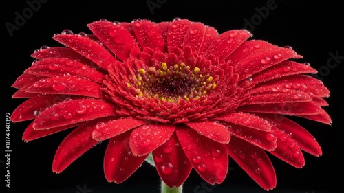 A vibrant, close-up shot of a red flower adorned with water droplets. The petals radiate outwards, showcasing the flower's intricate detail