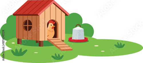 Wooden Chicken Coop Hen House Flat Design Vector Illustration Farm Poultry Feeder Grass