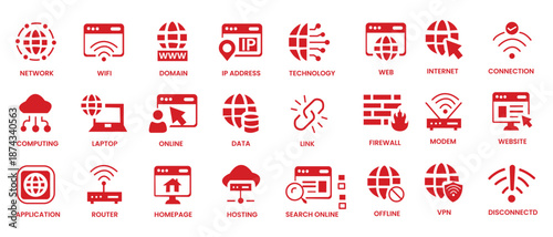 Internet icon set. Containing website, link, data, web, online, domain, technology, modem, VPN, hosting, connection and more. Solid vector icons collection. 