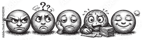 A black and white line drawing depicts five spherical characters with distinct facial expressions, illustrating a range of emotions from anger and confusion to stress and happiness.