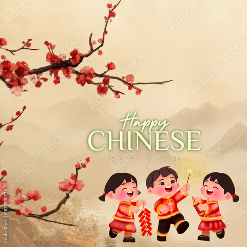 Happy Chinese New Year with Children Celebration Illustration – Copy Space – Lunar Festival Poster Template