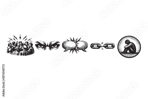 A series of woodcut-style illustrations depicts a group of people facing hostile eyes, a broken communication bubble, a snapped chain, and a lonely figure in isolation.