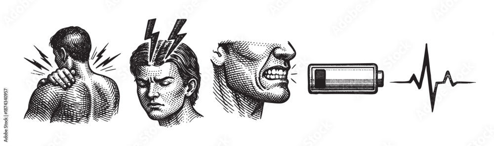 Obraz premium A visual representation of emotional and physical exhaustion, featuring distressed faces, a low battery, and a heart rate monitor in a classic engraving style.
