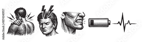 A visual representation of emotional and physical exhaustion, featuring distressed faces, a low battery, and a heart rate monitor in a classic engraving style.