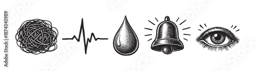 A hand-drawn illustration in black and white features five distinct icons in a horizontal row: a tangled ball of yarn, a heartbeat line, a teardrop, a ringing bell, and a wide-open eye.