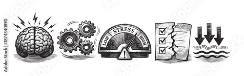 A black and white illustration depicting a stressed brain, interconnected gears, a stress meter, a torn checklist, and waves, symbolizing various aspects of stress management.