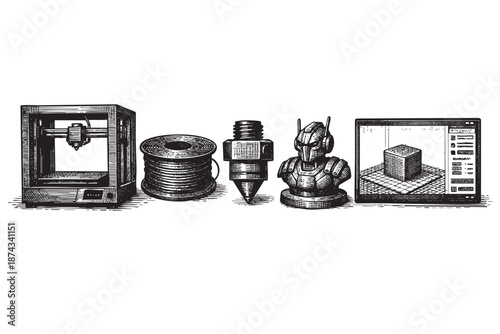 Collection of 3D printing elements including a printer, filament spool, nozzle, robot bust, and computer screen showing a cube model.