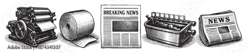 A line art illustration depicting old printing machinery and newspapers with a "BREAKING NEWS" headline, evoking a sense of historical journalism and information dissemination.