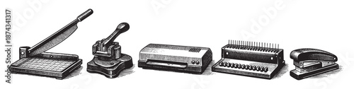 Vintage illustration of office supplies, including a paper cutter, punch, binder, and stapler, presented in a classic engraving style, perfect for retro or business themes.