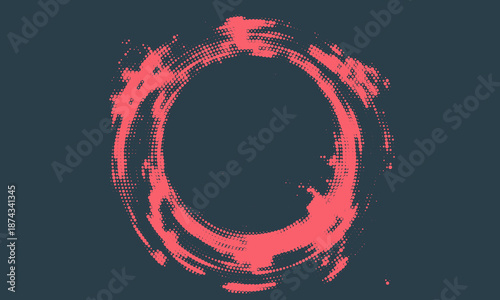 Circular Halftone Pattern Concentric Circles Frame Vector Red Black Colour Abstract Background. Mod Minimalist Art Half Tone Graphics Rippled Structure. Retro Futurism Technology Art Illustration