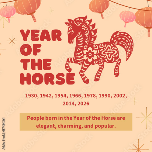 Year of the Horse 2026 Zodiac Illustration Background – Copy Space – Chinese New Year Poster Template