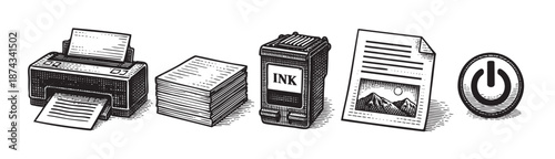 A black and white illustration depicting a printer, stack of paper, ink cartridge, printed document, and a power button icon, representing office and printing concepts.