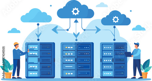 Cloud Computing Data Center with Technicians Managing Server Racks and Cloud Integration System Illustration