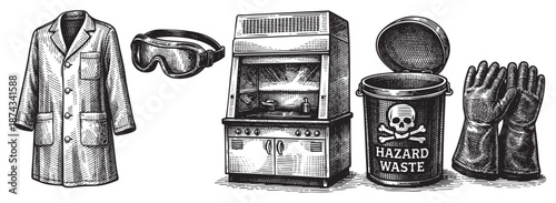 A vintage style illustration of laboratory safety equipment including a coat, goggles, fume hood, hazard waste bin, and gloves, rendered in black and white sketch art.