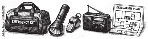 Black and white illustration of essential emergency preparedness items including a duffel bag, flashlight, whistle, radio, and evacuation plan map for disaster readiness.