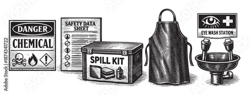 A black and white illustration depicting essential chemical safety equipment and warning signs, including a danger chemical sign, safety data sheet, spill kit, apron, and eye wash station.