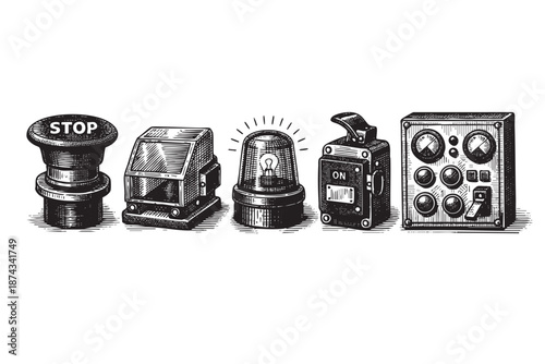 A retro, black and white illustration showcases a series of vintage industrial controls including a stop button, control panel with gauges, a warning light, and an on switch.