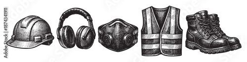 A graphic line drawing showcases essential personal protective equipment for construction, including a helmet, earmuffs, dust mask, vest, and boots.