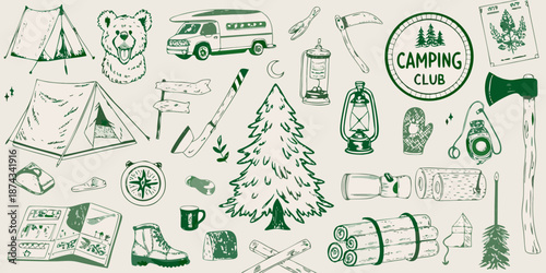 A collection of hand drawn camping elements including a van tent and bear