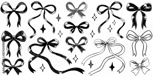 A collection of decorative bows and sparkling diamond shapes in black and white