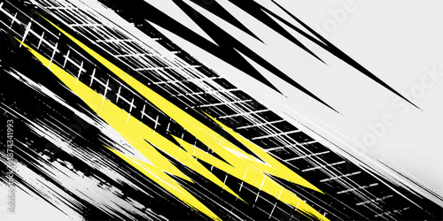 An industrial black and white grunge background featuring a yellow warning tape design with safety stripes and construction danger symbols on a metal pattern wallpaper
