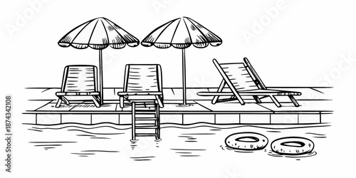 Black and white sketch of a poolside scene with umbrellas and lounge chairs